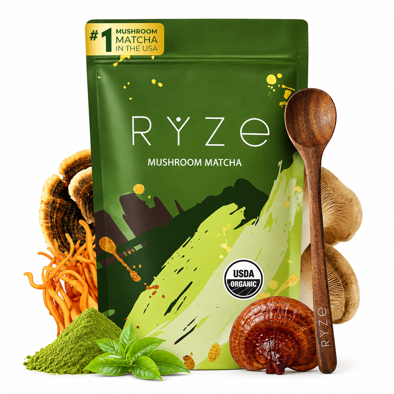 RYZE Mushroom Matcha, USDA Organic with 6 Adaptogenic Mushrooms - 30 servings
