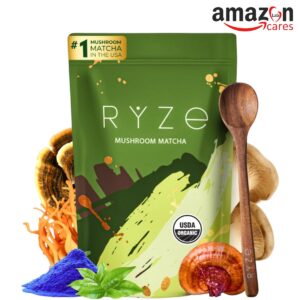 RYZE Mushroom Matcha, USDA Organic with 6 Adaptogenic Mushrooms - 30 servings