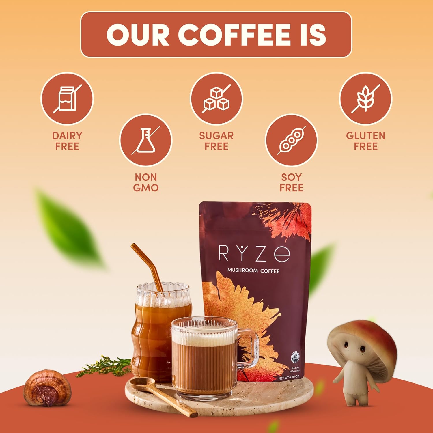 RYZE SUPERFOODS Mushroom Coffee USDA Organic with 6 Adaptogenic Mushrooms - 30 servings - Image 2