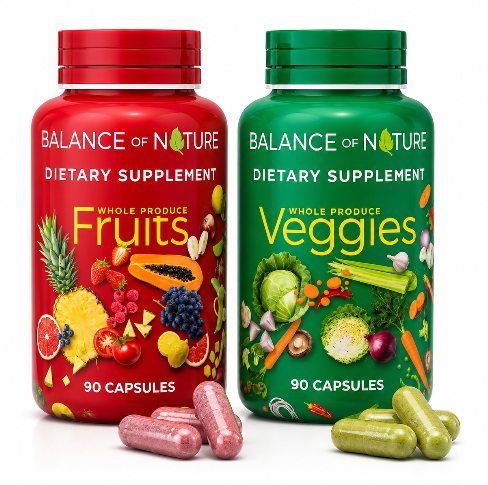 Balance of Nature Fruits & Veggies Supplements - Whole Fruit and Vegetable Ingredients for Women, Men, and Kids - 90 Fruits Capsules, 90 Veggies Capsules - 1 Set