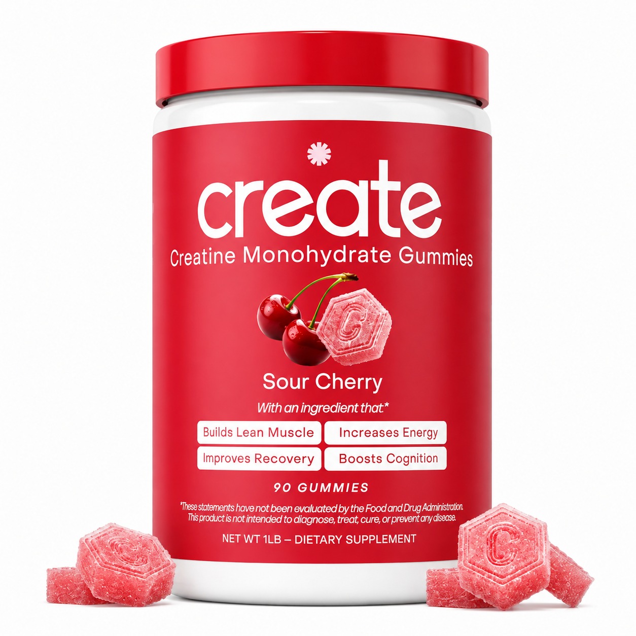 Create Creatine Monohydrate Gummies for Men & Women, (Sour Cherry) 90 Count