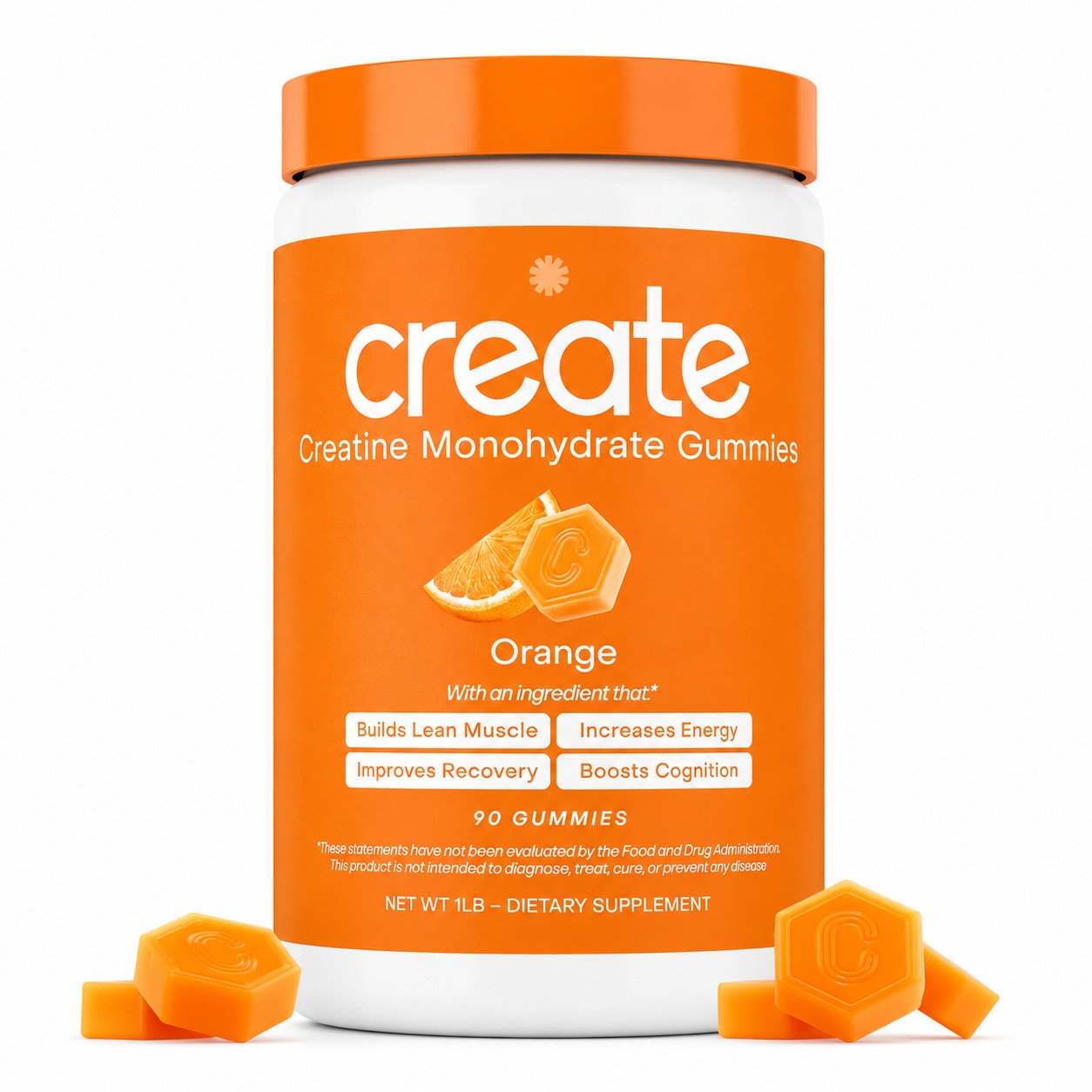 Create Creatine Monohydrate Gummies for Men & Women, (Orange) 90 Count