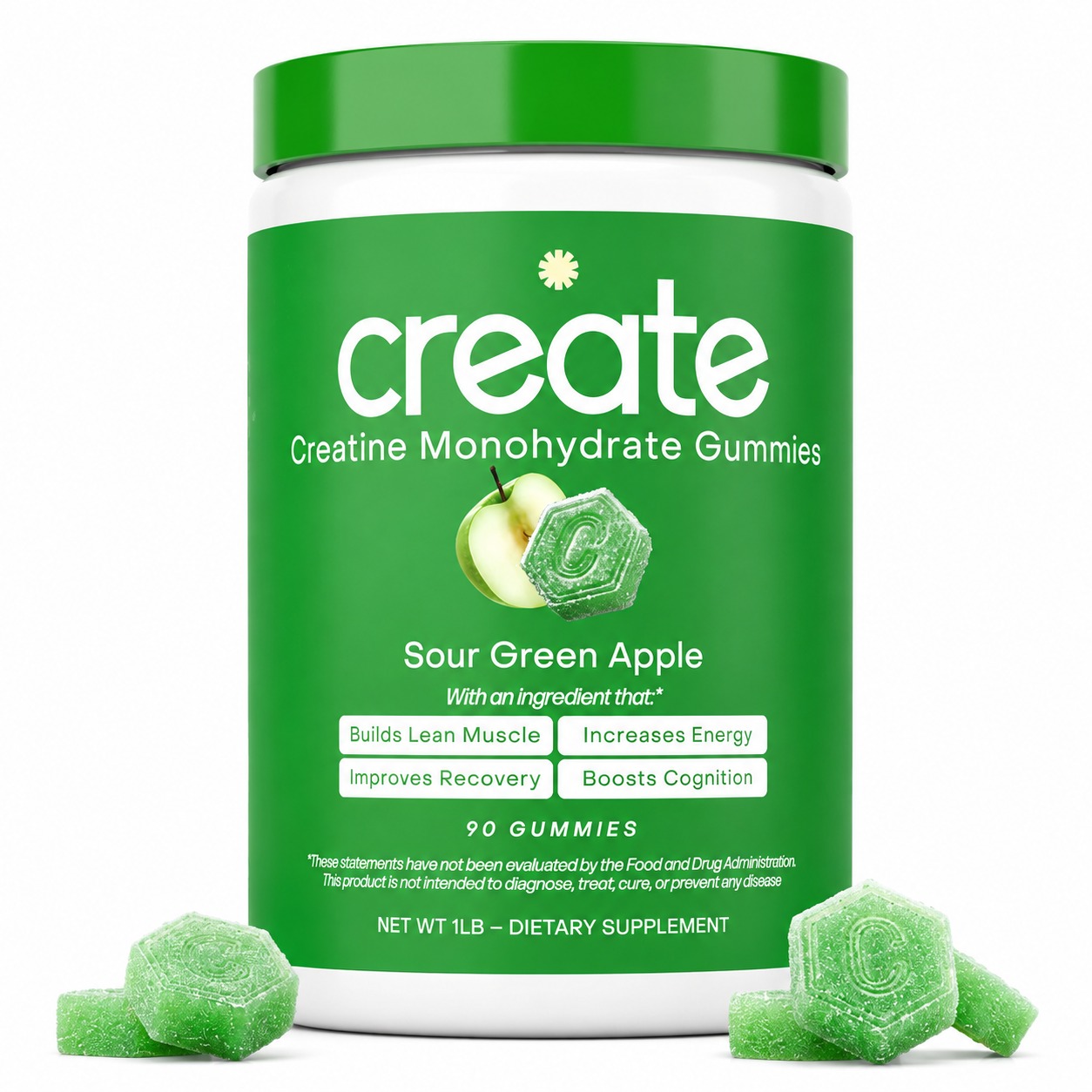 Creatine Monohydrate Gummies for Men & Women (Sour Green Apple) 90 Count