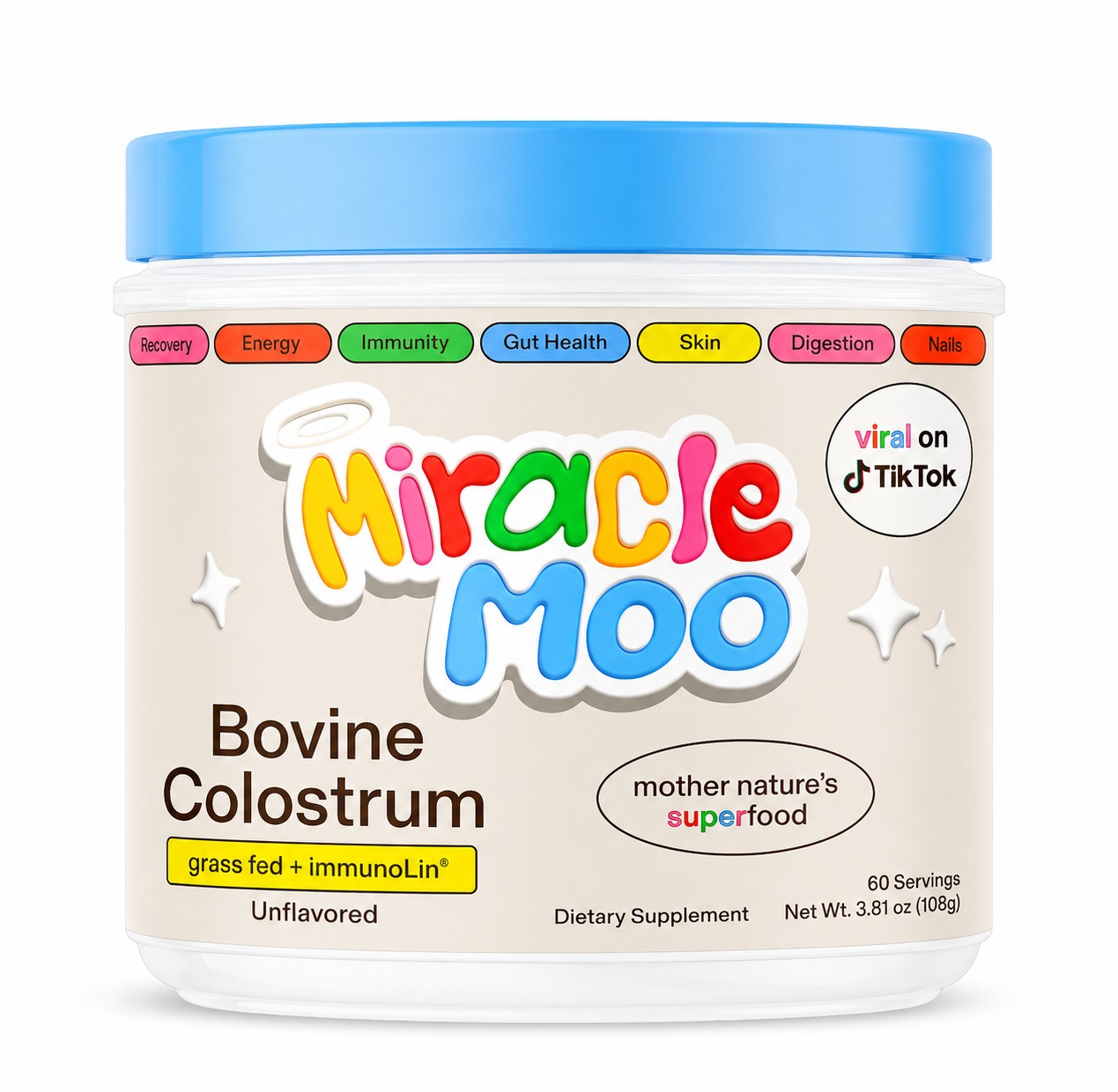 Miracle Moo Colostrum Supplement for Gut Health Hair Growth – 60 Servings – 108g